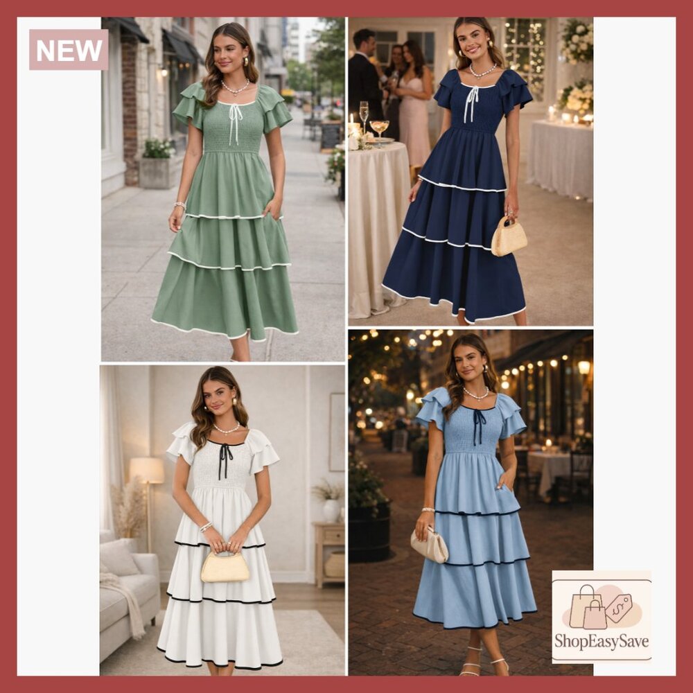 Boho Maxi Dress Smocked Tiered Square Neck Ruffle Casual Wedding Guest - Picture 7 of 7